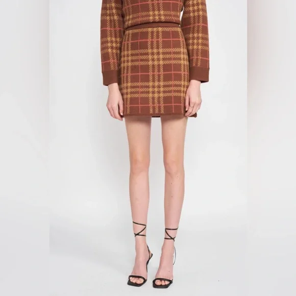 EN SAISON Bronte Sweater Miniskirt Cream & Tan Plaid Knit | Size Medium M - Picture 5 of 16